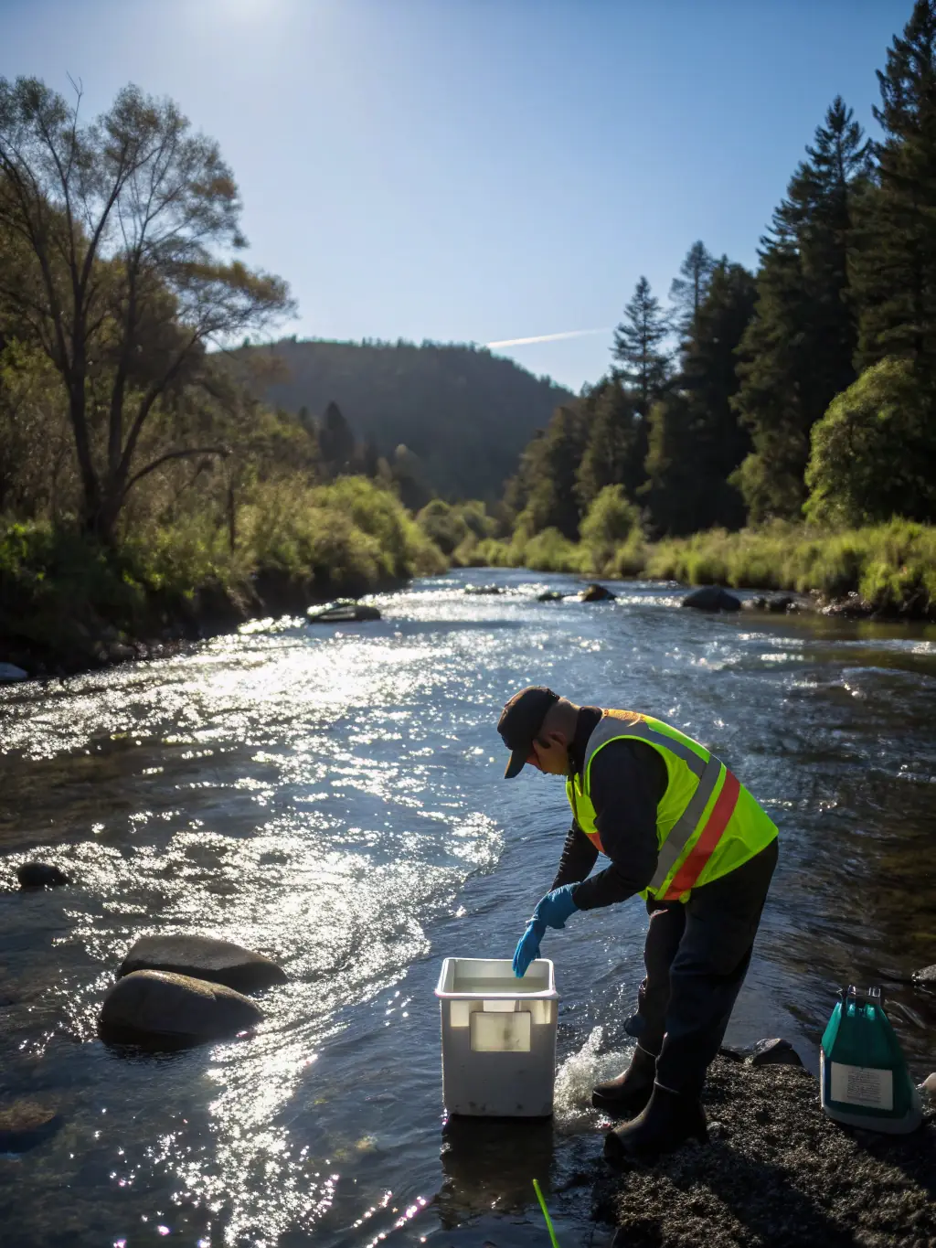 Citizens participating in a water sampling project, collecting data and samples under the guidance of FEWSS Consulting experts, set by a river.