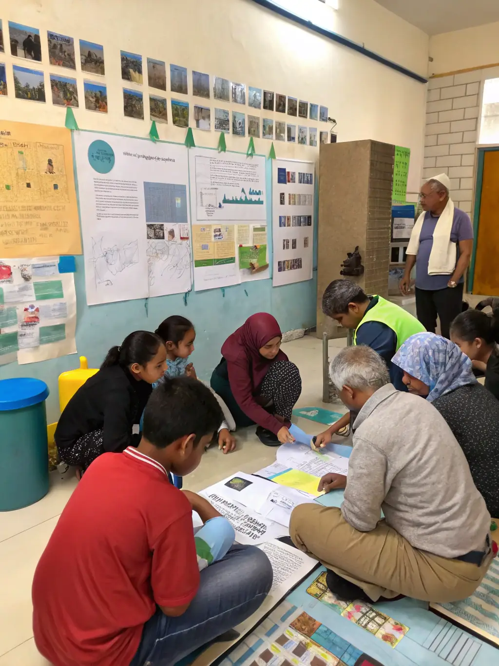 A group of diverse participants actively engaged in a hands-on workshop, learning about sustainable water management techniques, set in a community center.