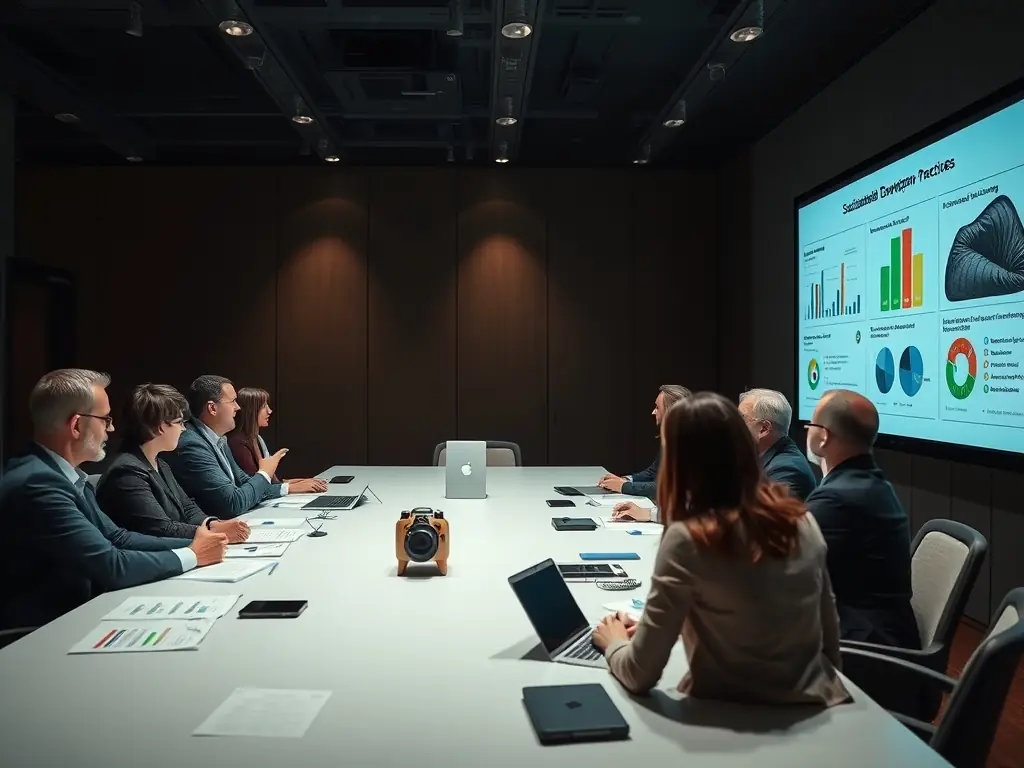 A team of environmental consultants collaborating with clients in a modern office setting, analyzing data and discussing strategies for sustainable solutions.