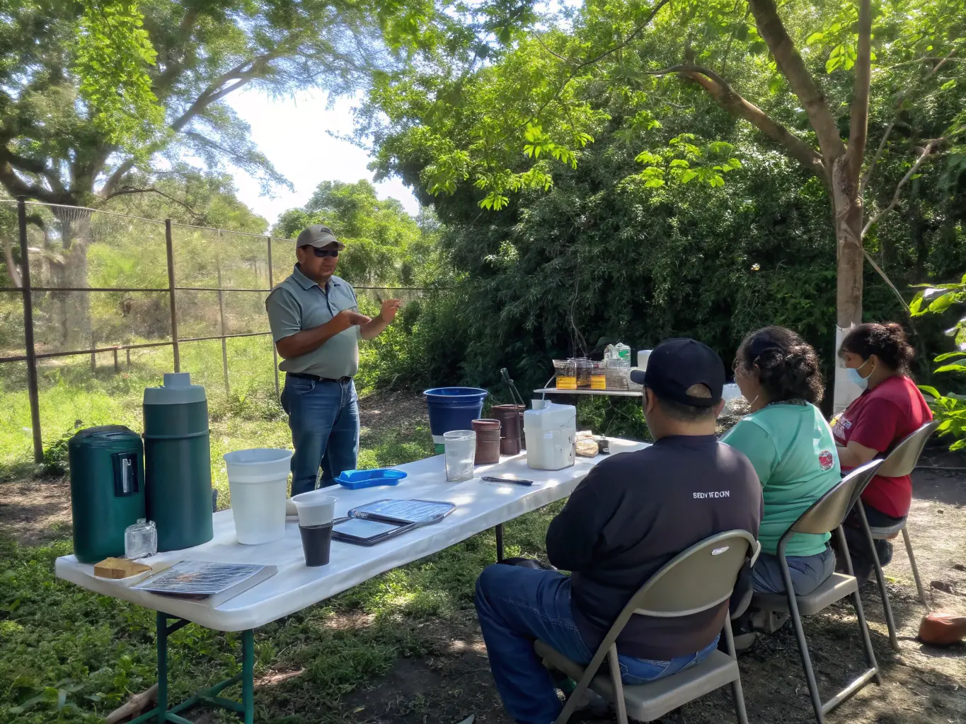 Participants engaging in a hands-on workshop outdoors, learning about water conservation techniques and sustainable practices.
